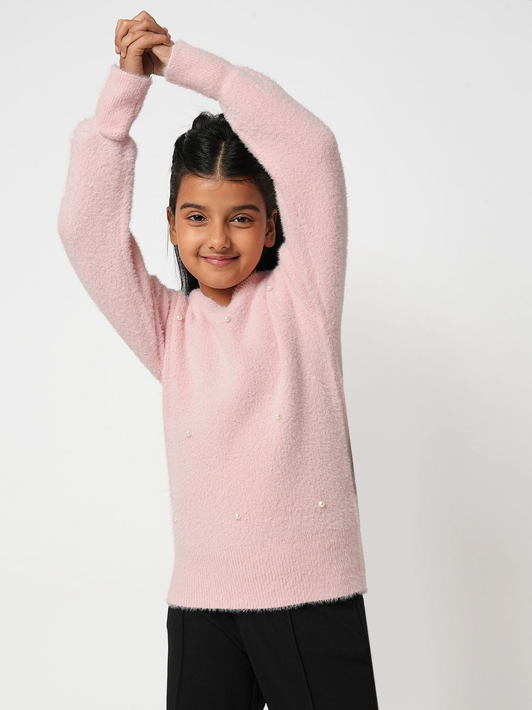 Girl Pink Pearl Embellished Sweater