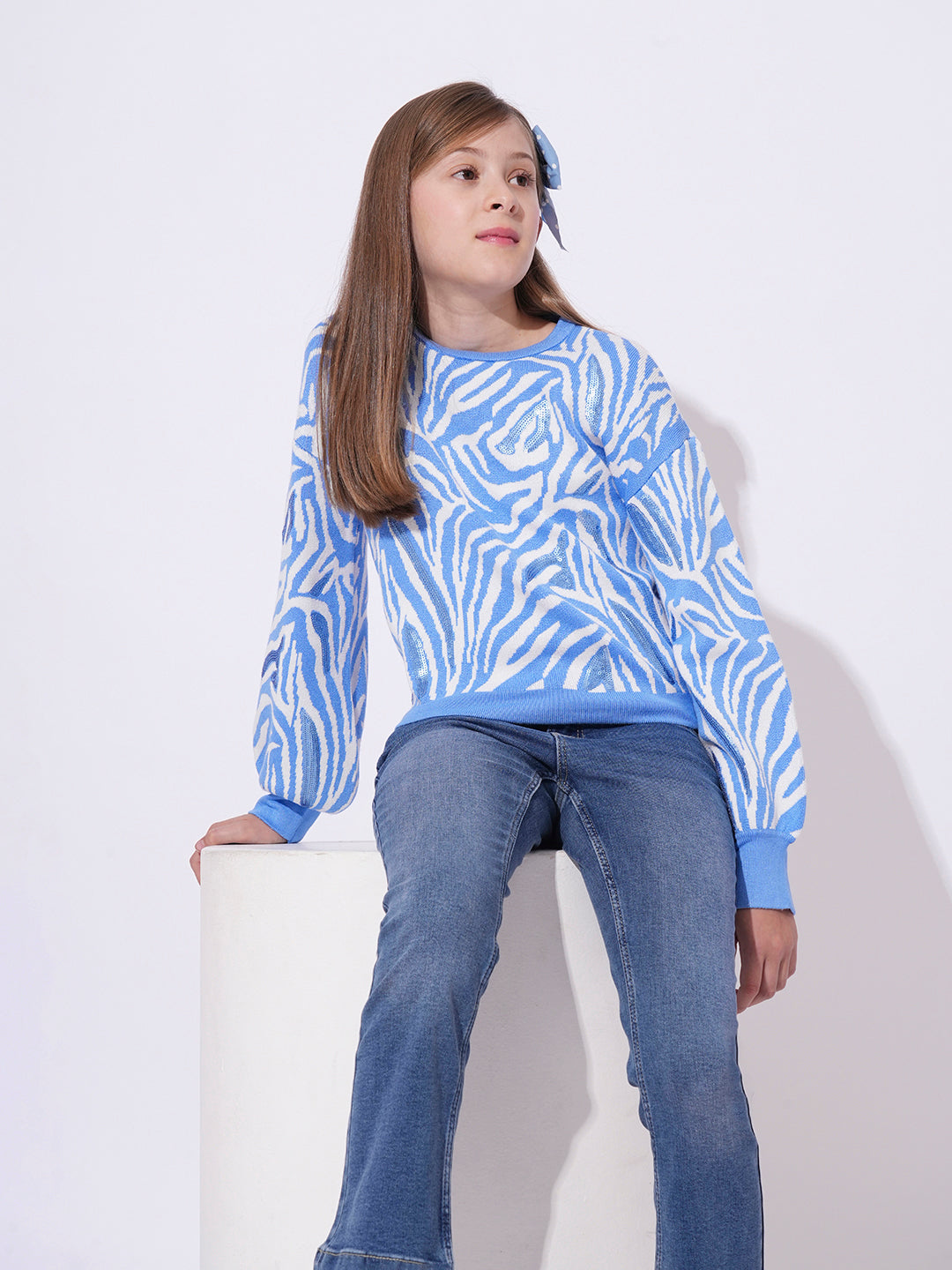 GIRLs Blue Zebra Print Pullover