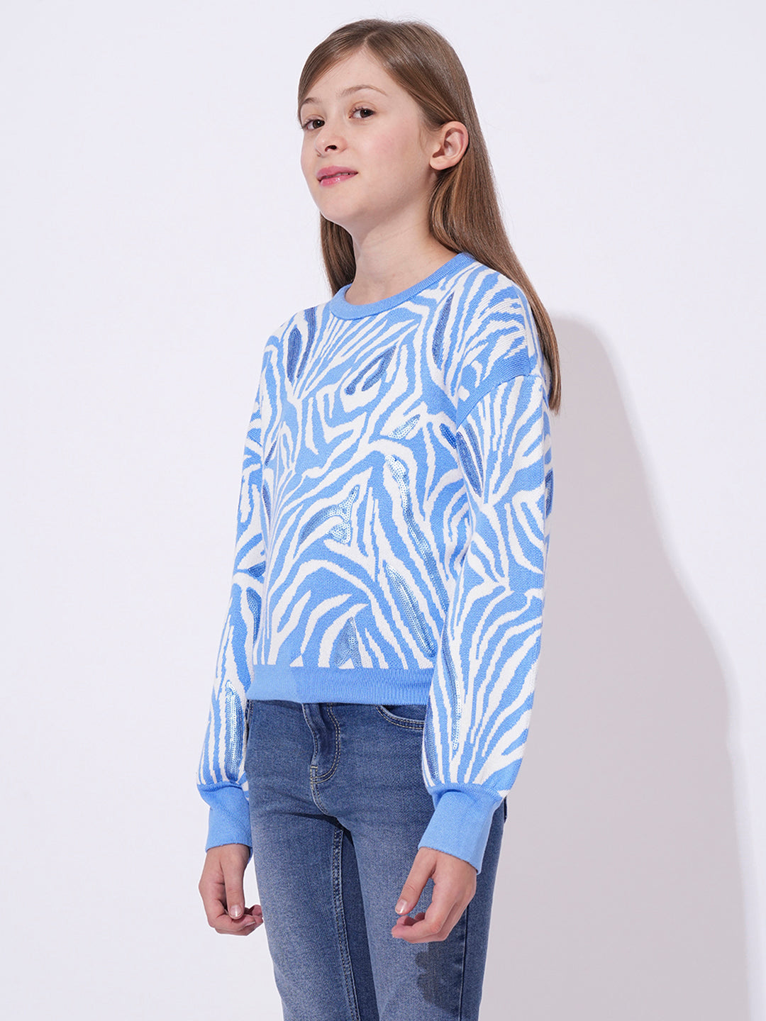 GIRLs Blue Zebra Print Pullover