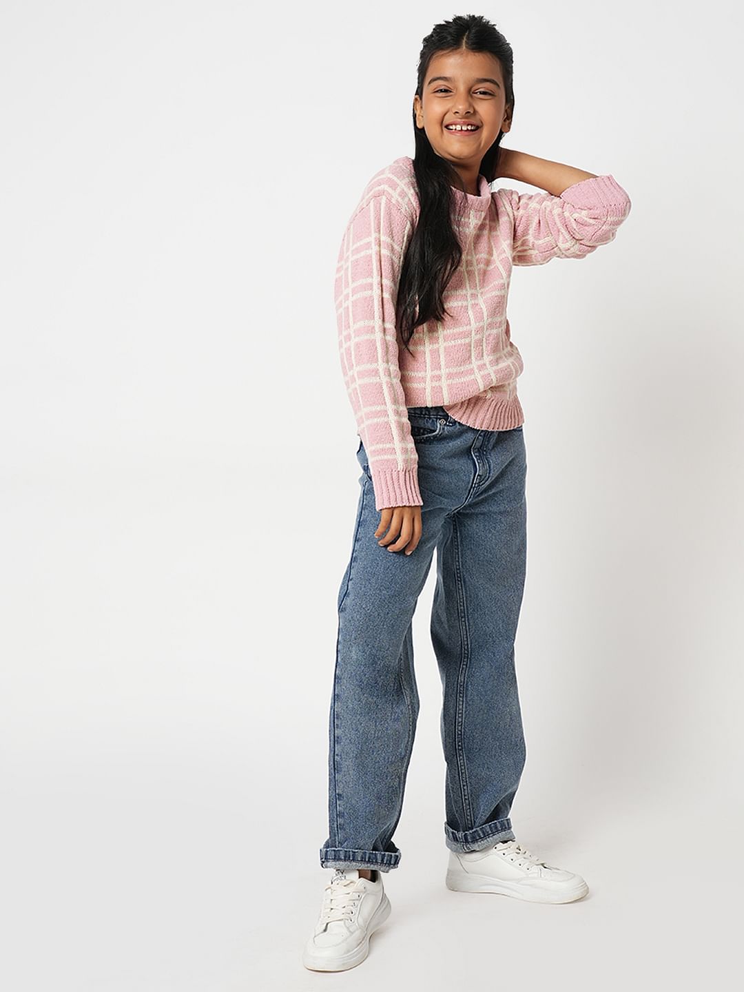 Girl Pink Check Print Sweater