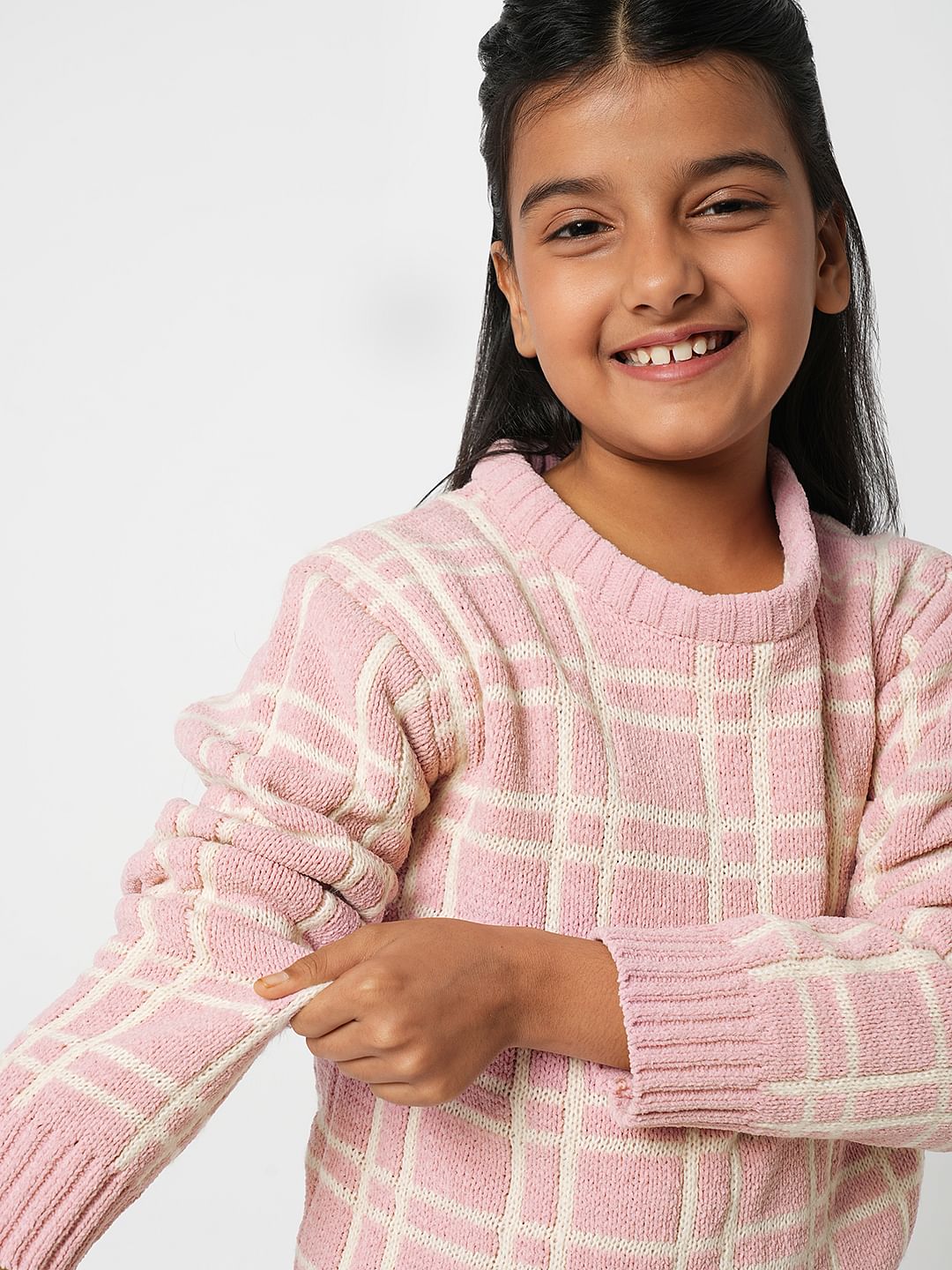 Girl Pink Check Print Sweater
