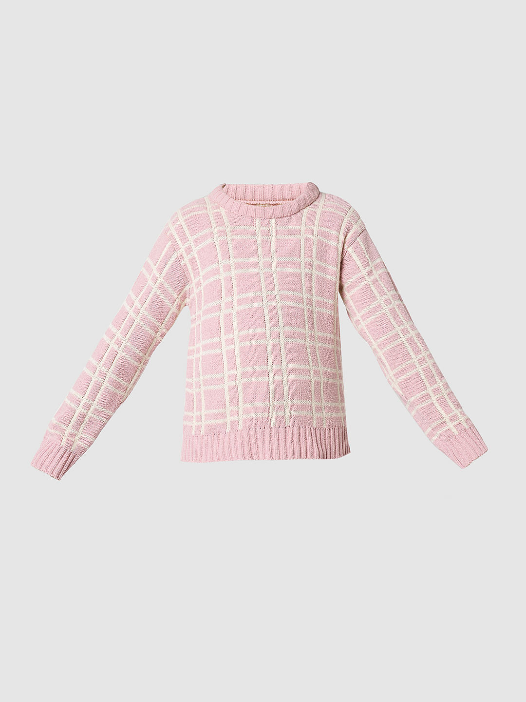 Girl Pink Check Print Sweater