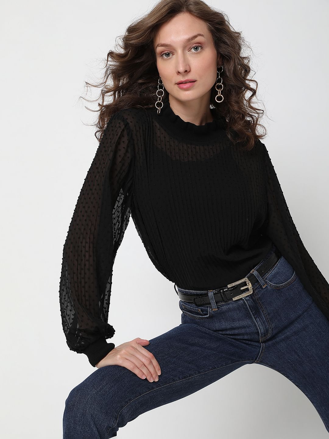 Black Dobby Pleated Top