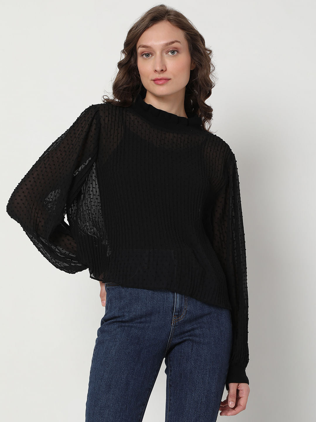 Black Dobby Pleated Top