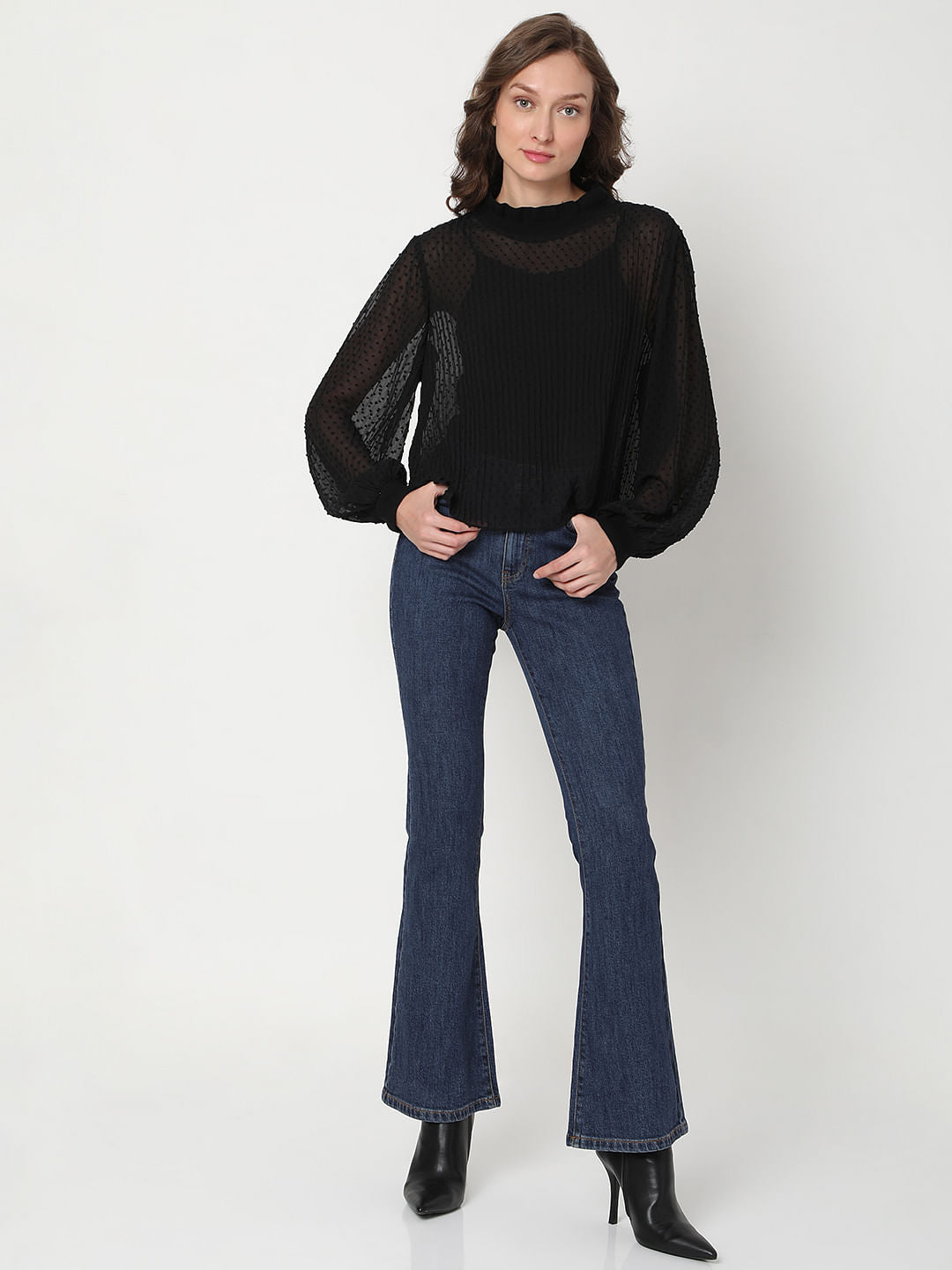 Black Dobby Pleated Top