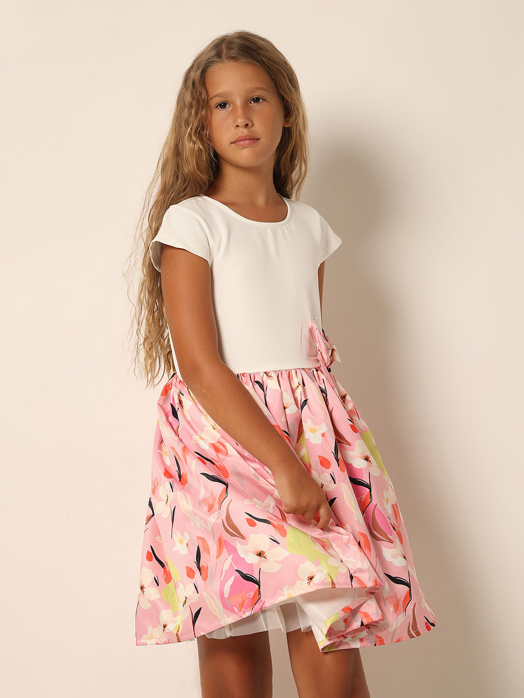 Girls White Printed Fit & Flare Dress