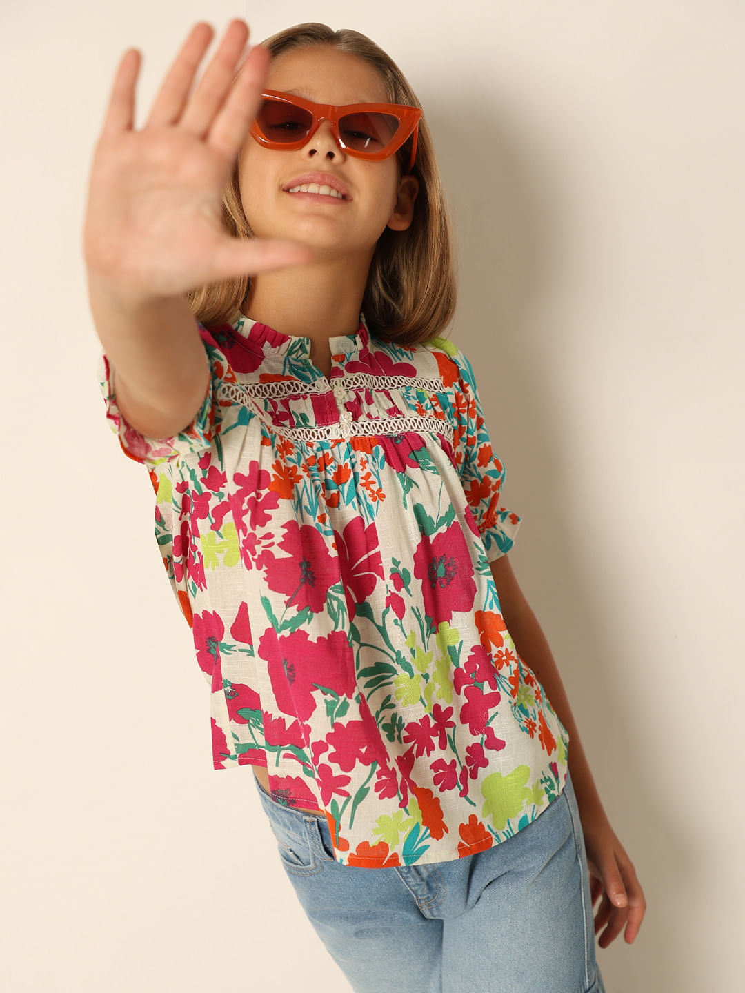 White Floral Print Cotton Top - 5/6Y
