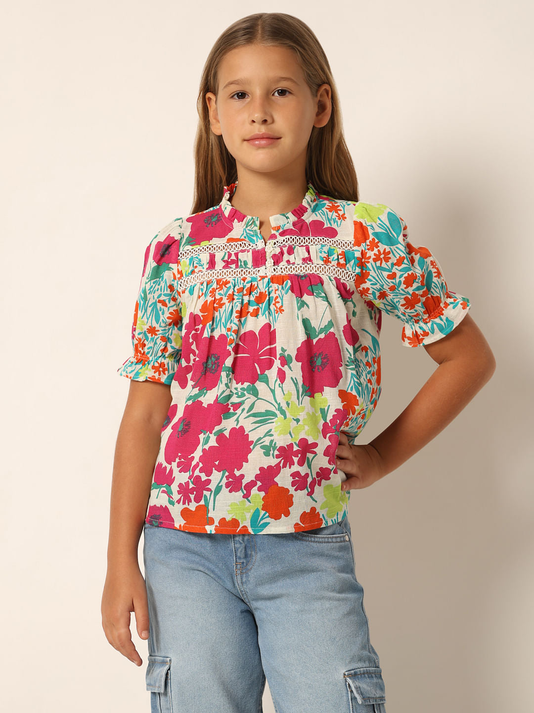 White Floral Print Cotton Top
