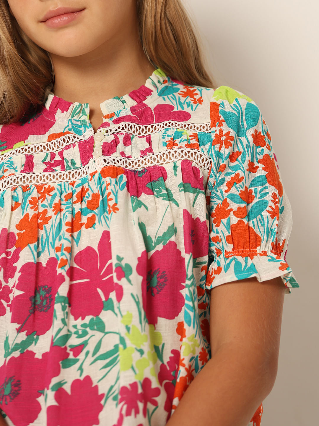 White Floral Print Cotton Top