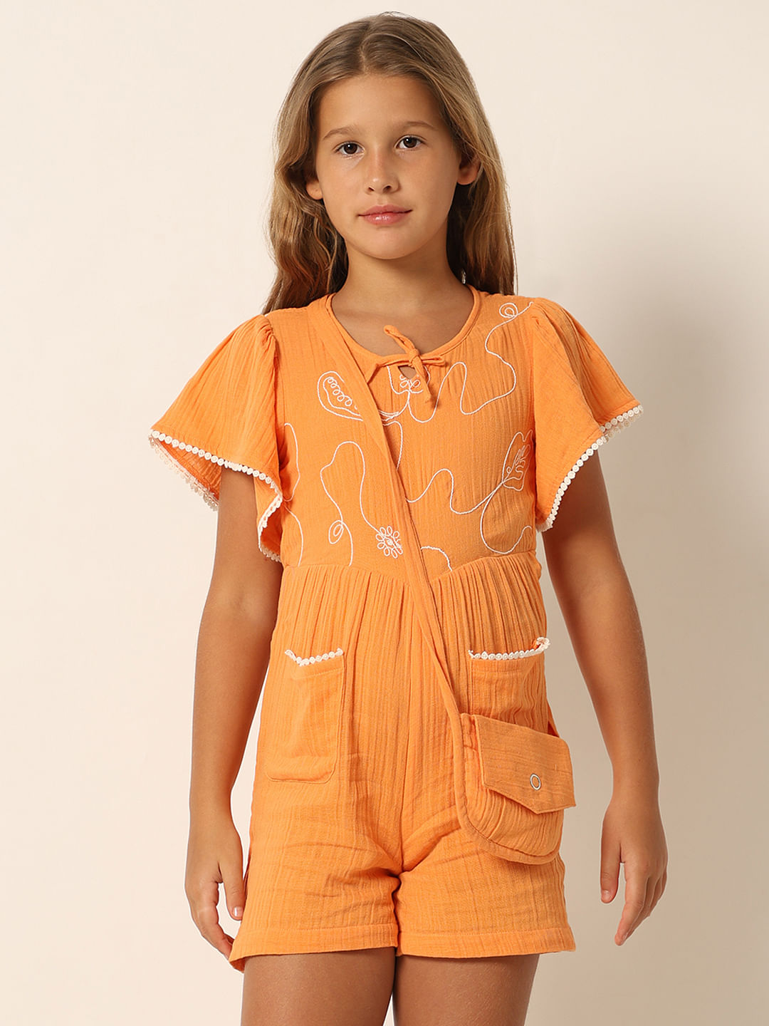 Orange Embroidered Playsuit