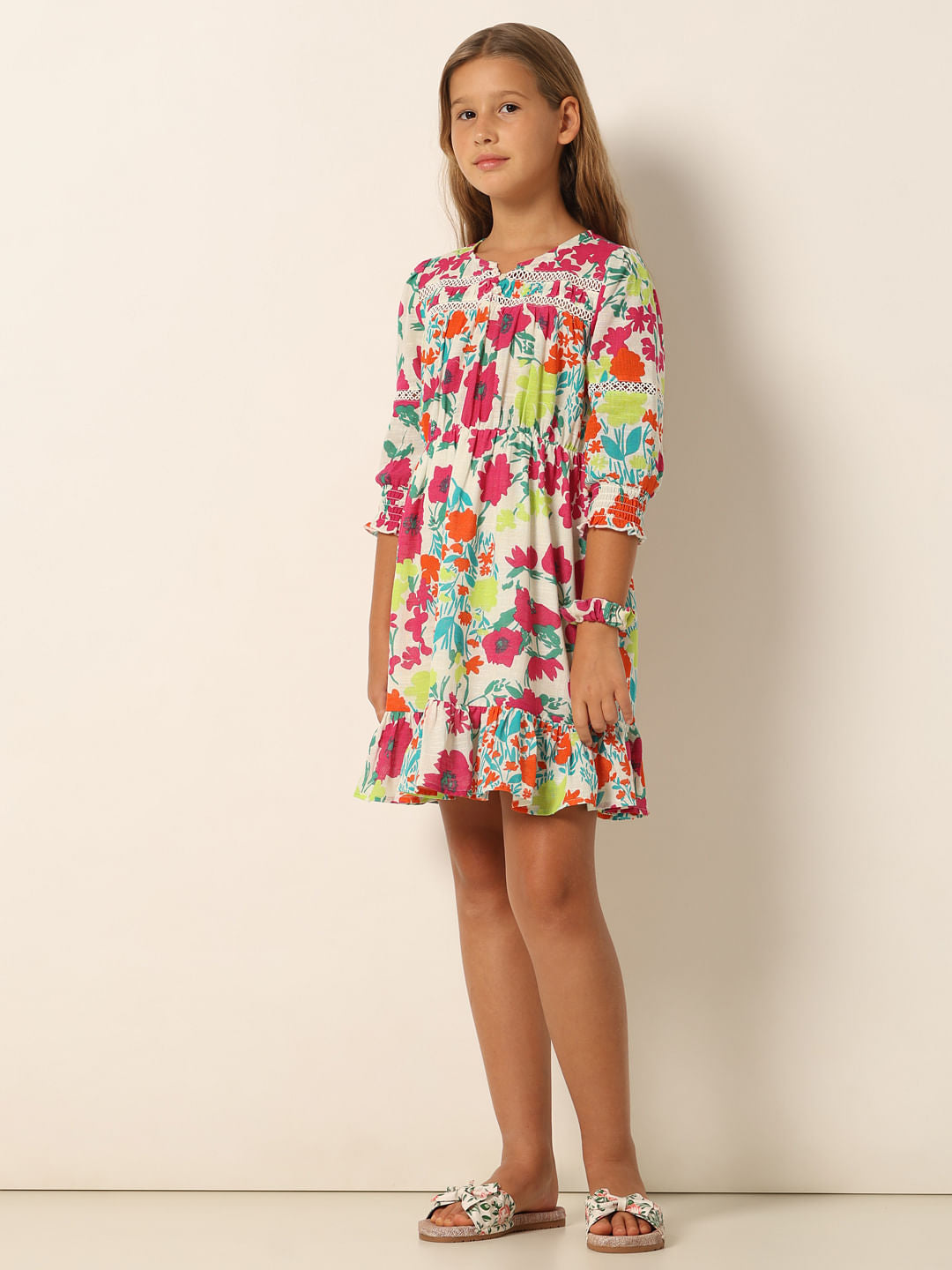 White Floral Print Cotton Dress
