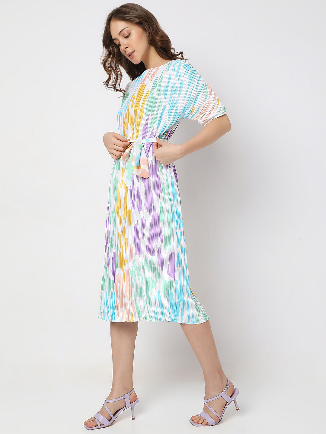 White Colourblocked Pleated Midi Dress