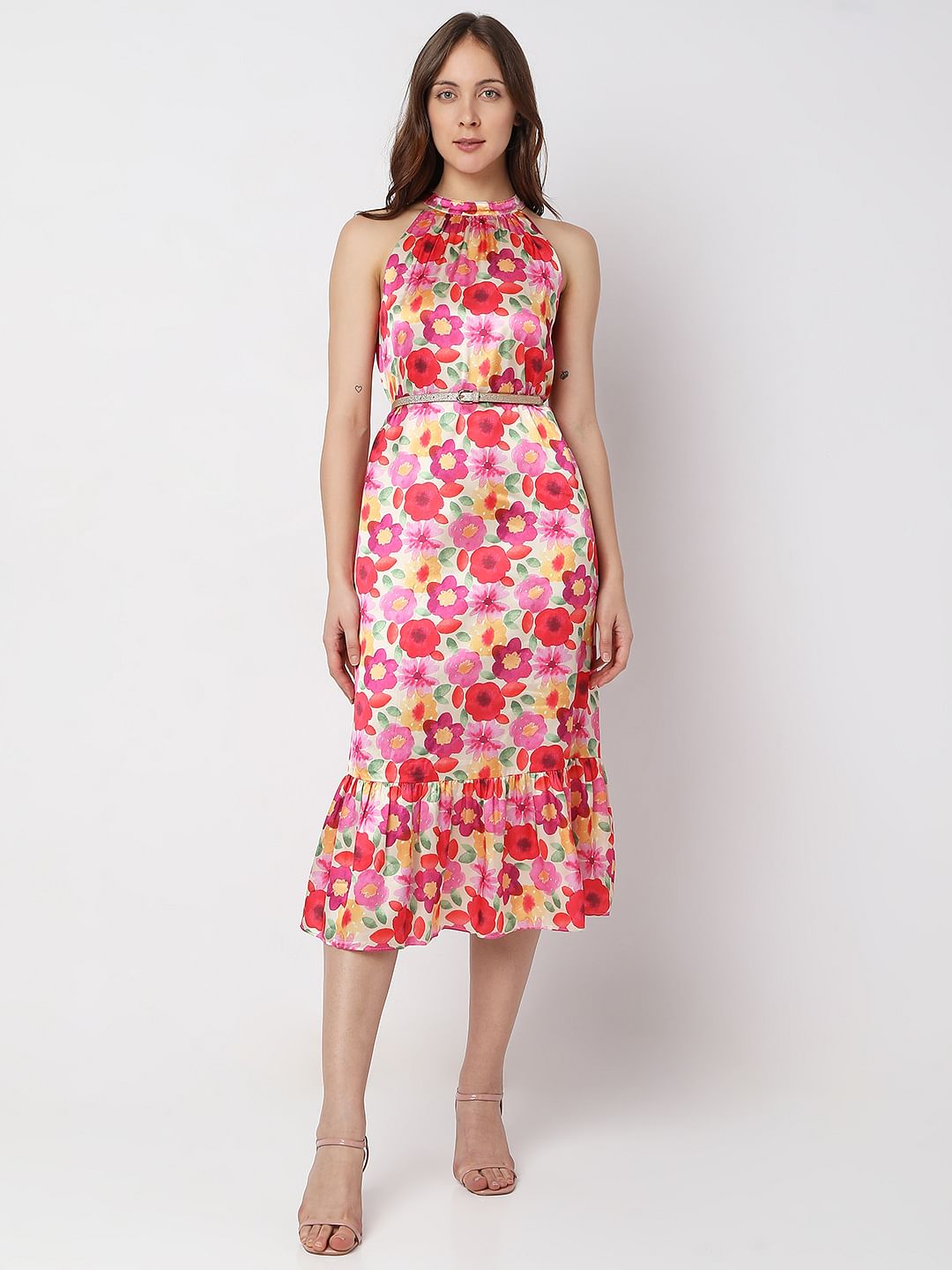 Beige Floral Halter Neck Midi Dress