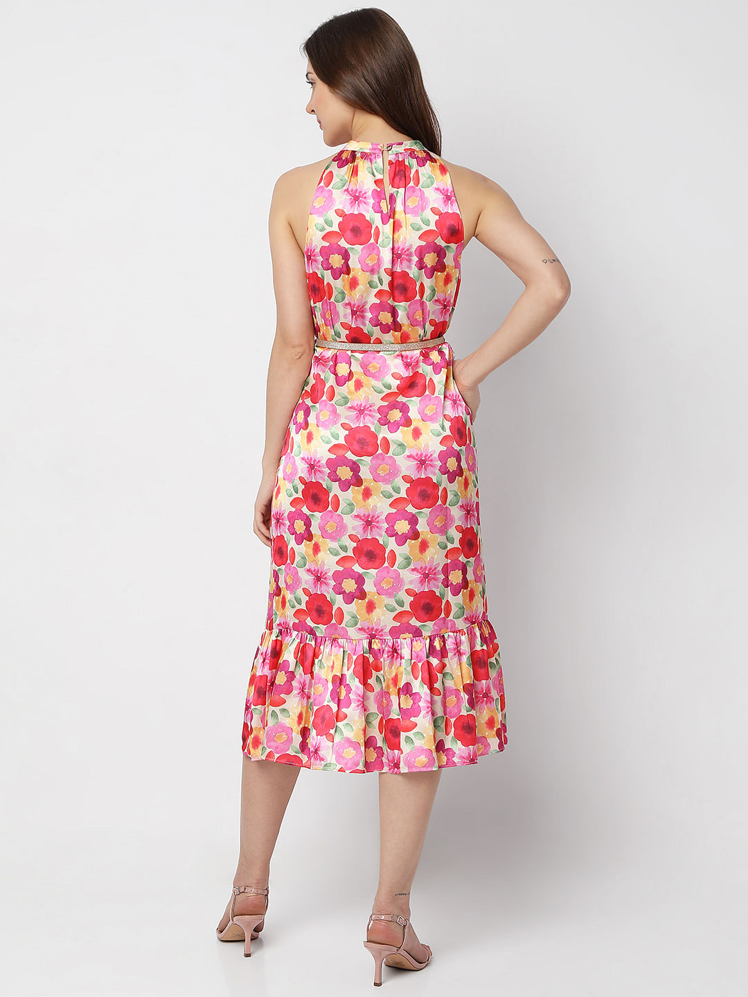 Beige Floral Halter Neck Midi Dress