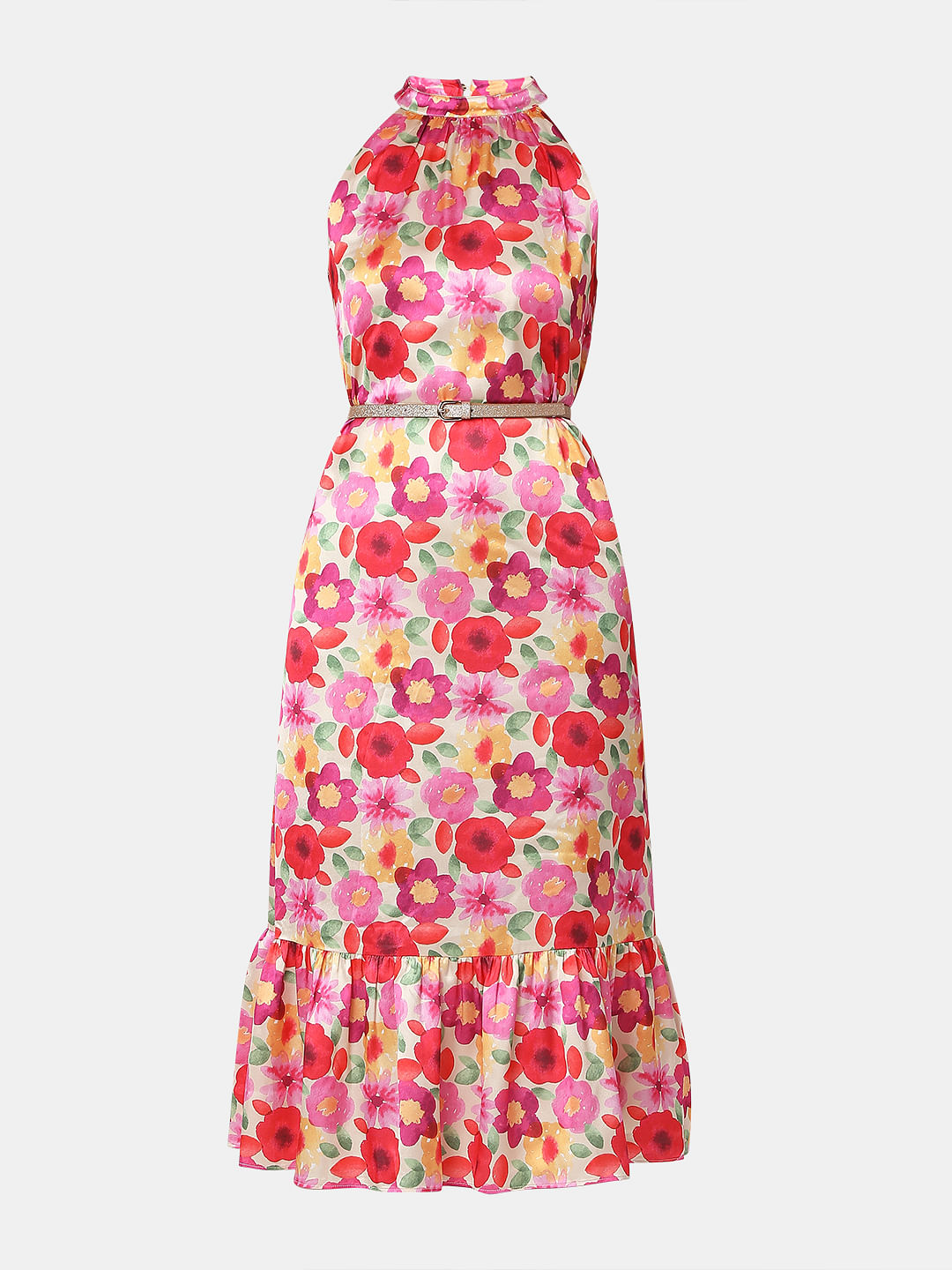 Beige Floral Halter Neck Midi Dress