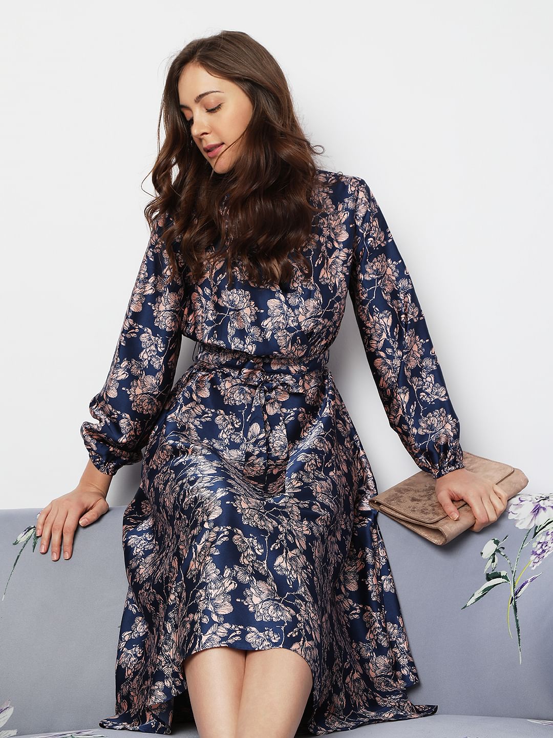 Navy Blue Floral Midi Dress
