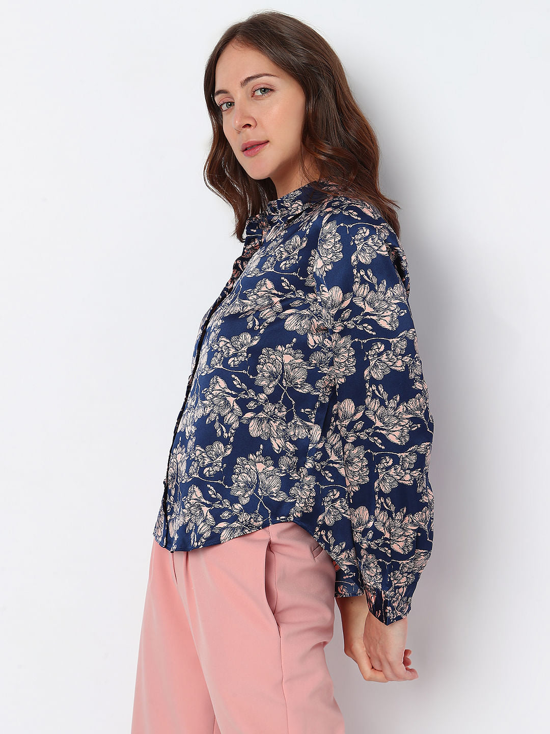 Navy Blue Floral Satin Shirt