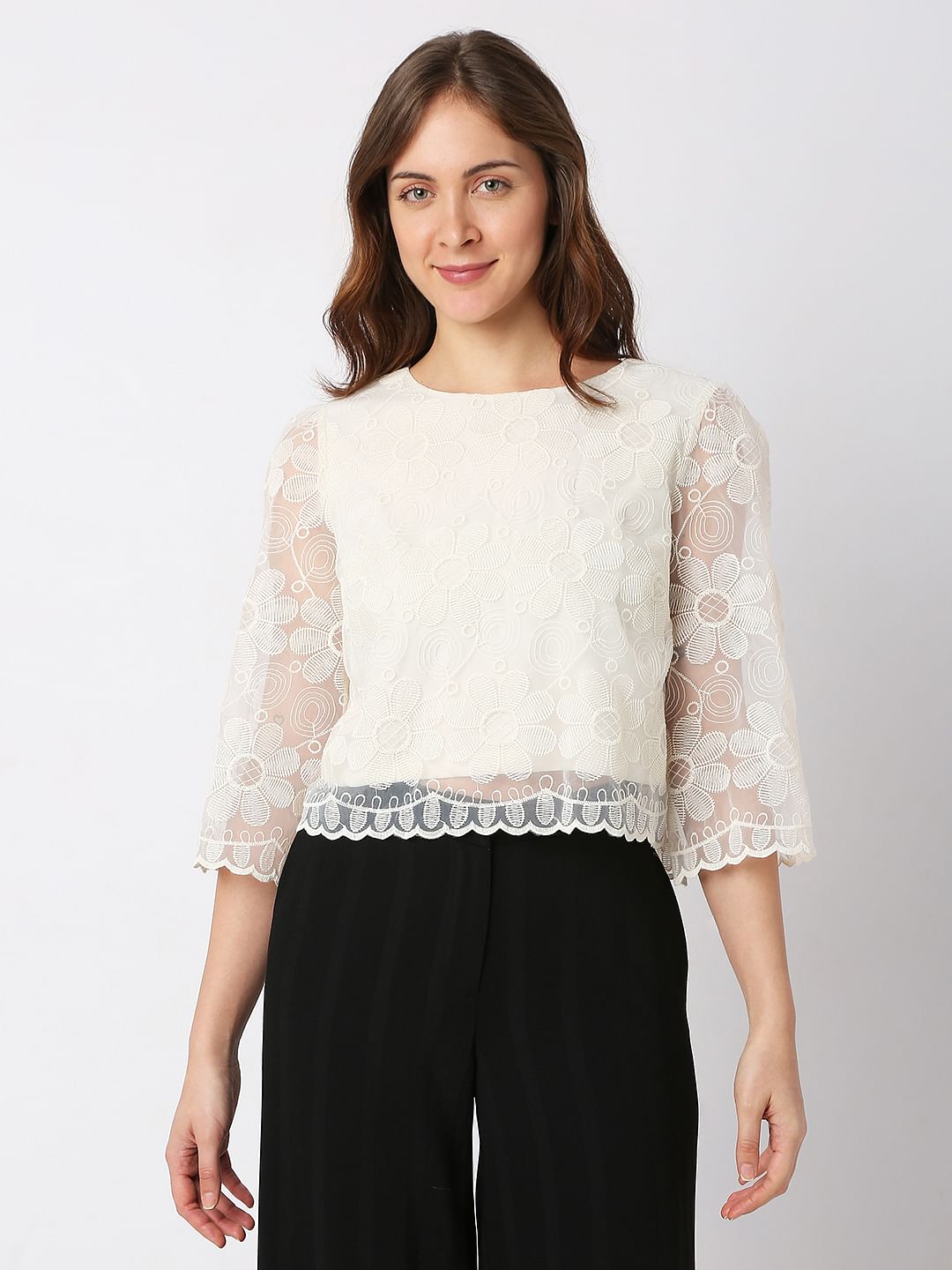Beige Embroidered Lace Co-Ord Set Top