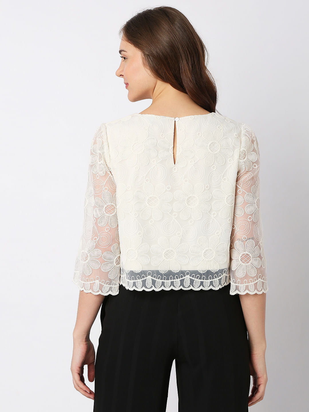 Beige Embroidered Lace Co-Ord Set Top