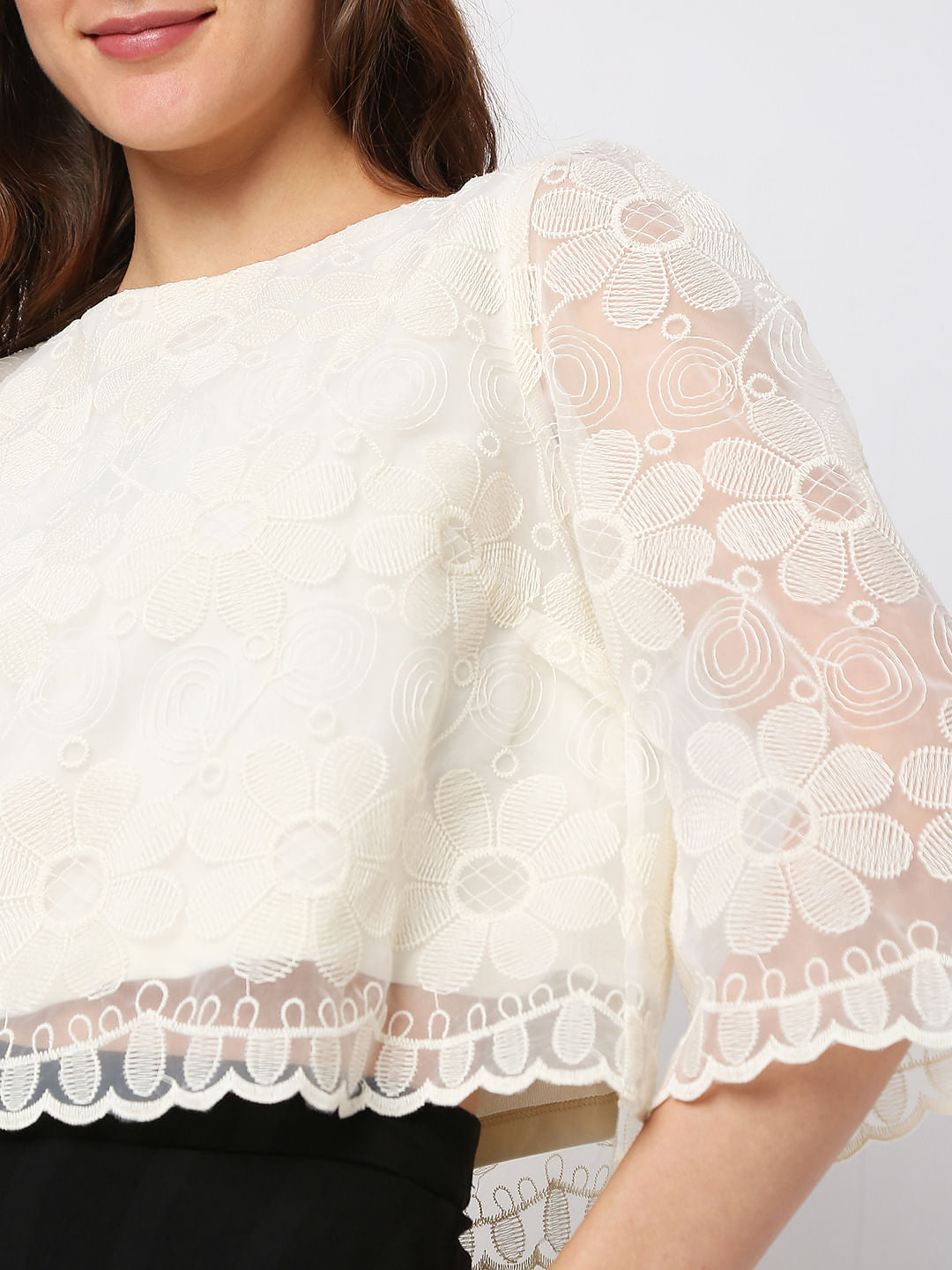 Beige Embroidered Lace Co-Ord Set Top