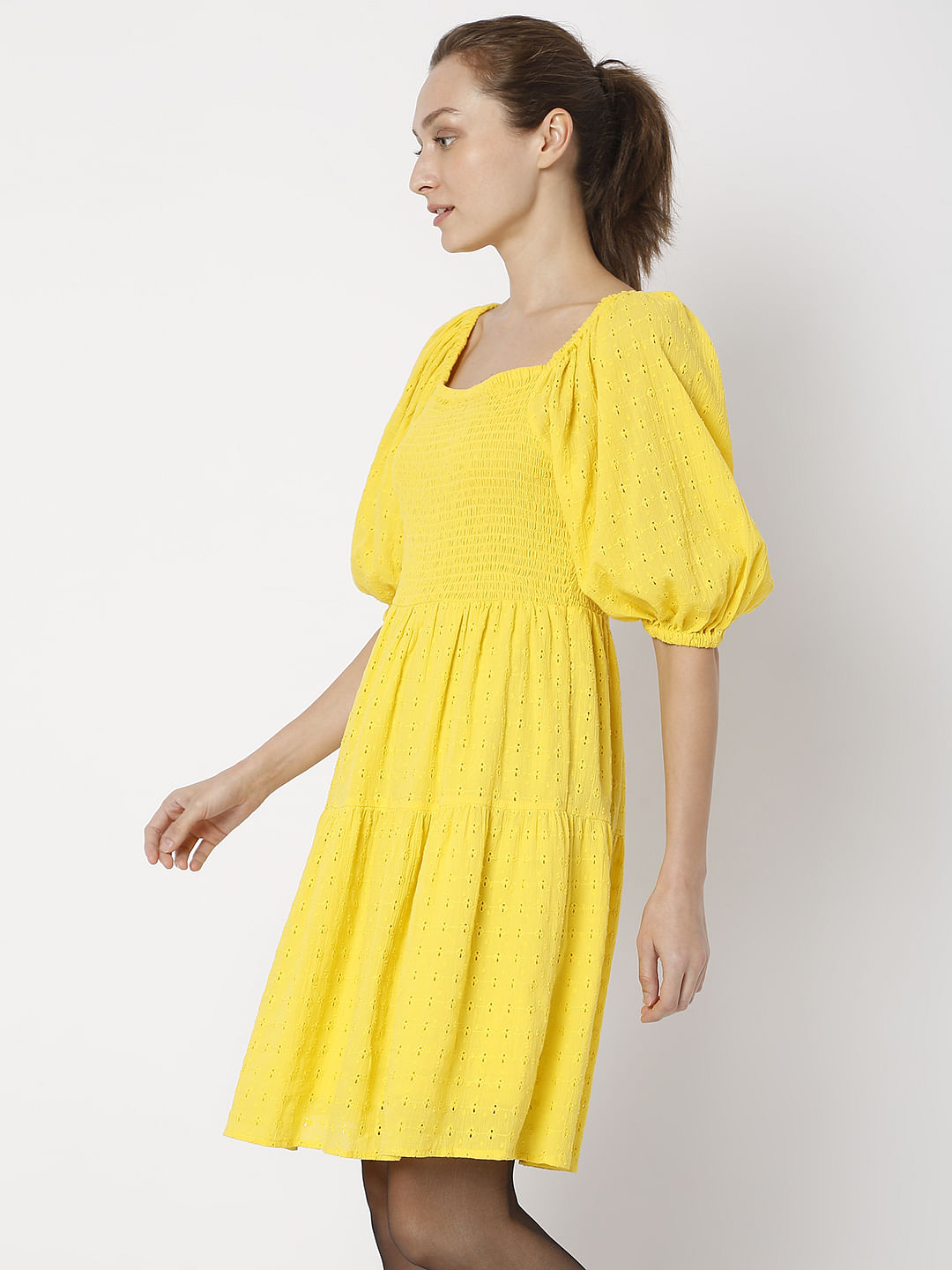 Yellow Schiffli Mini Dress