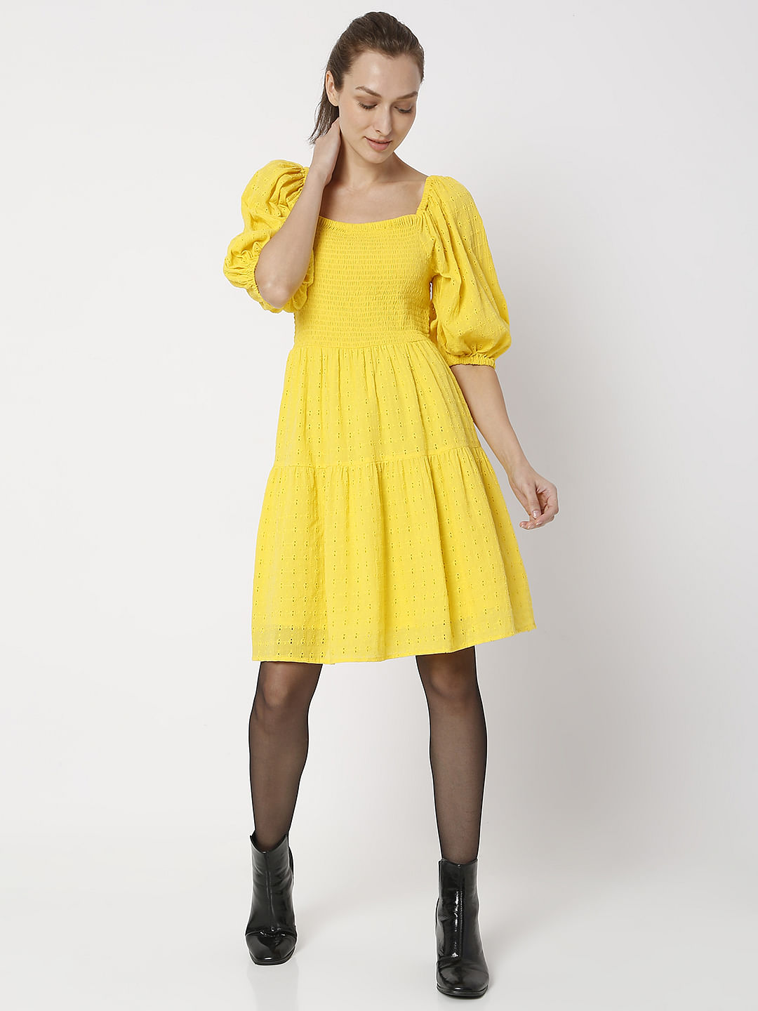 Yellow Schiffli Mini Dress