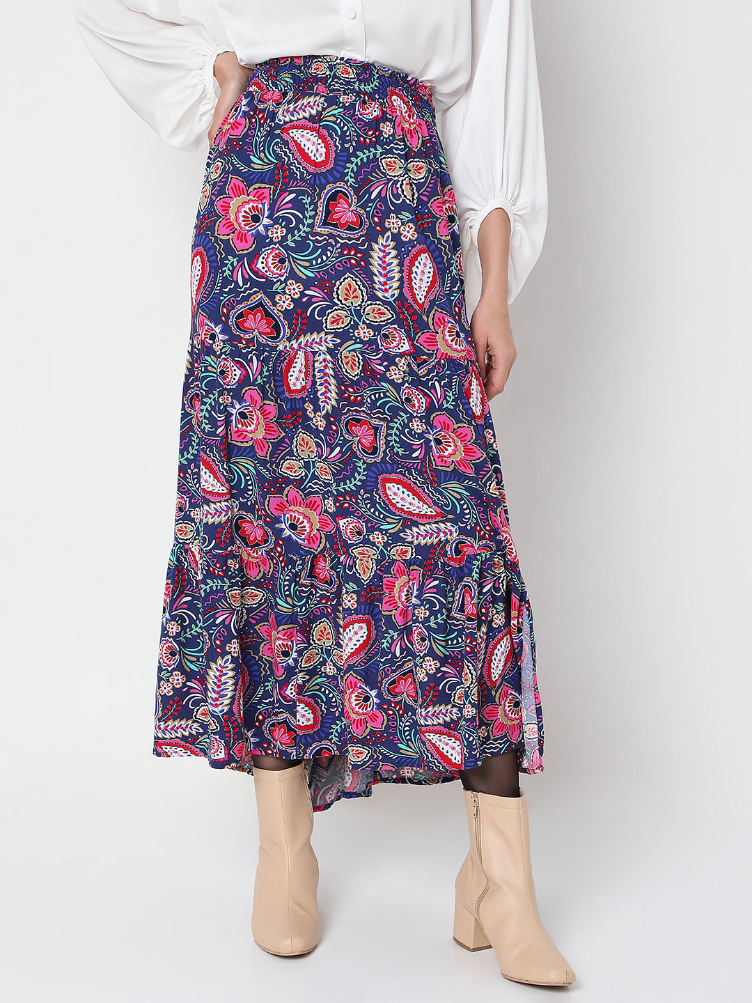 Blue Floral Print Midi Skirt