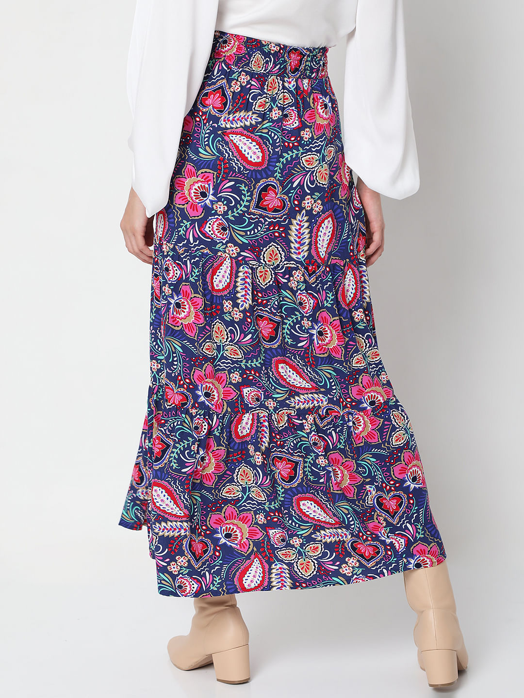 Blue Floral Print Midi Skirt