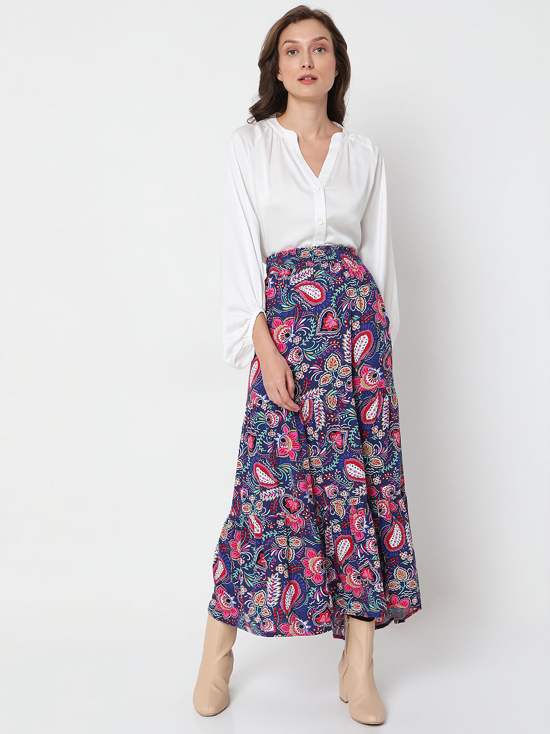 Blue Floral Print Midi Skirt