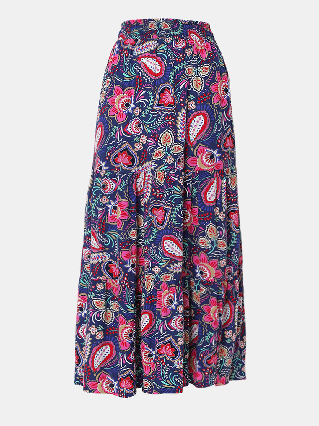 Blue Floral Print Midi Skirt