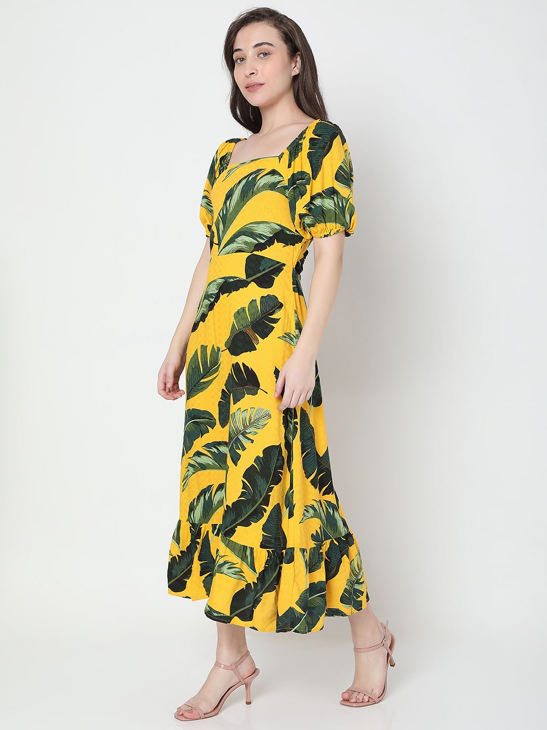 Yellow Tropical Print Midi Dress