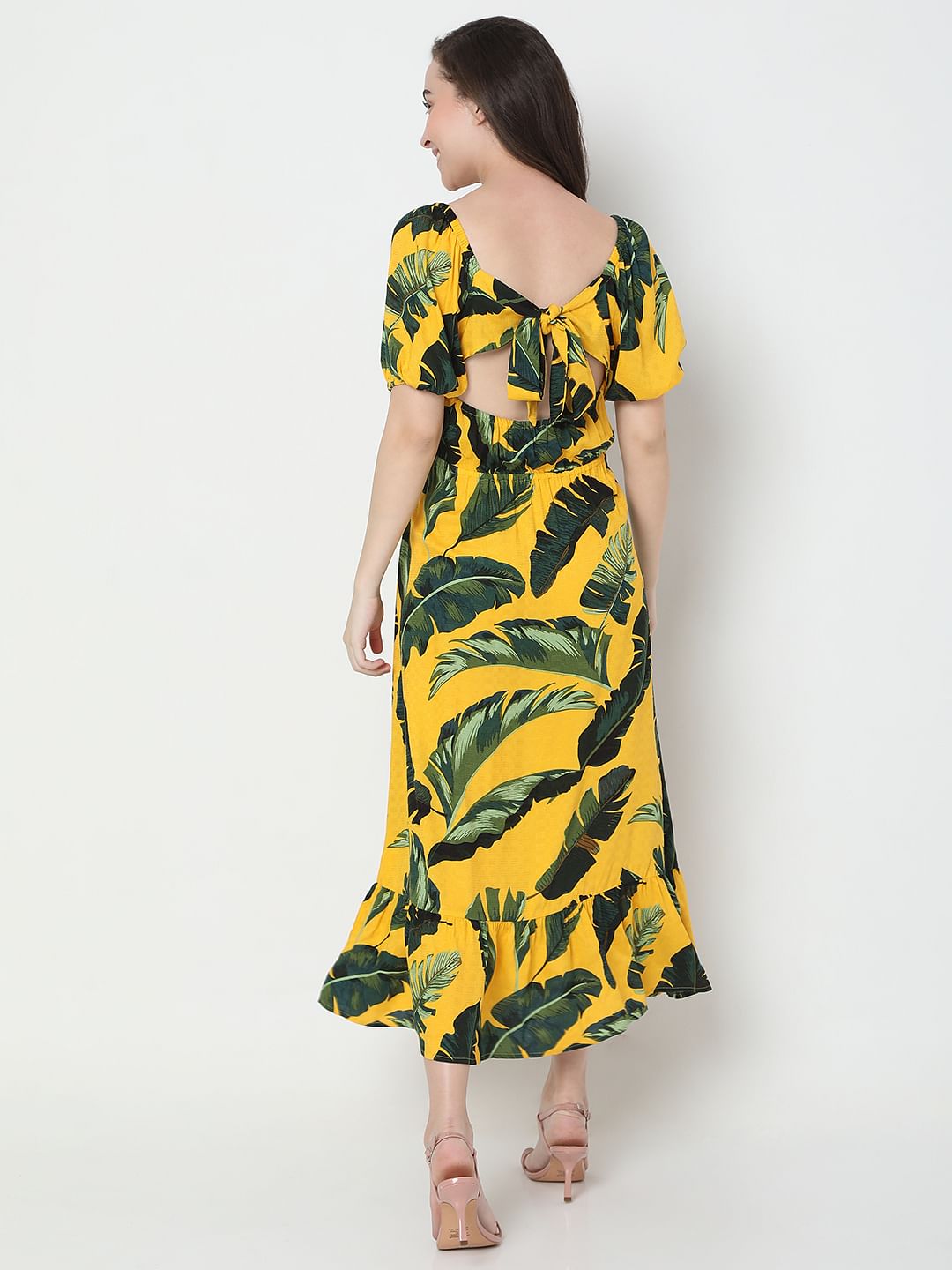 Yellow Tropical Print Midi Dress