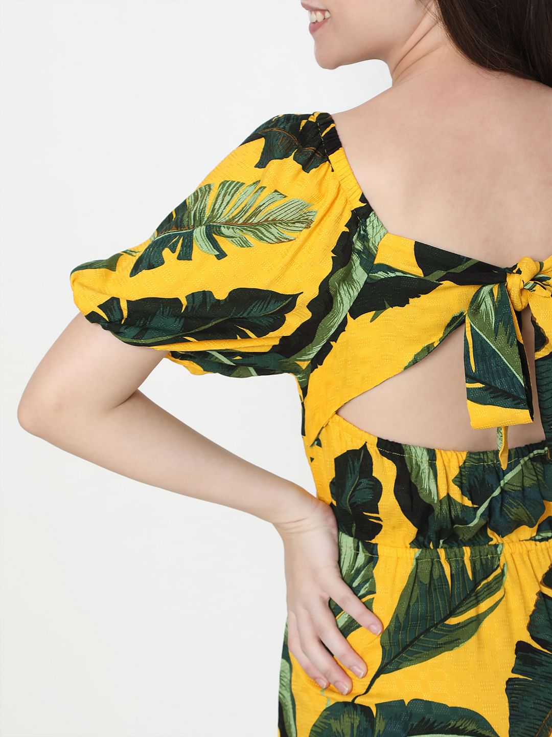 Yellow Tropical Print Midi Dress