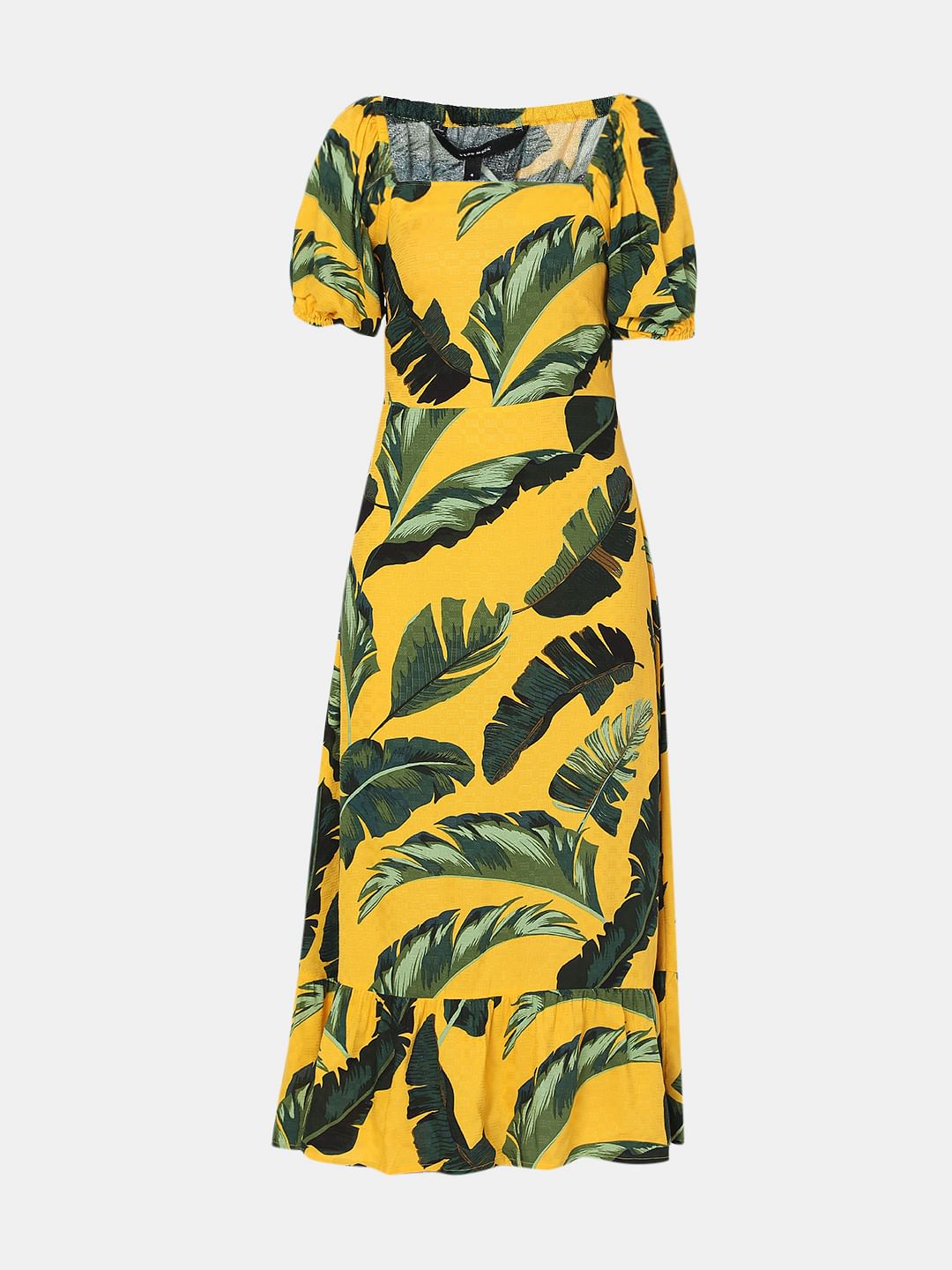 Yellow Tropical Print Midi Dress