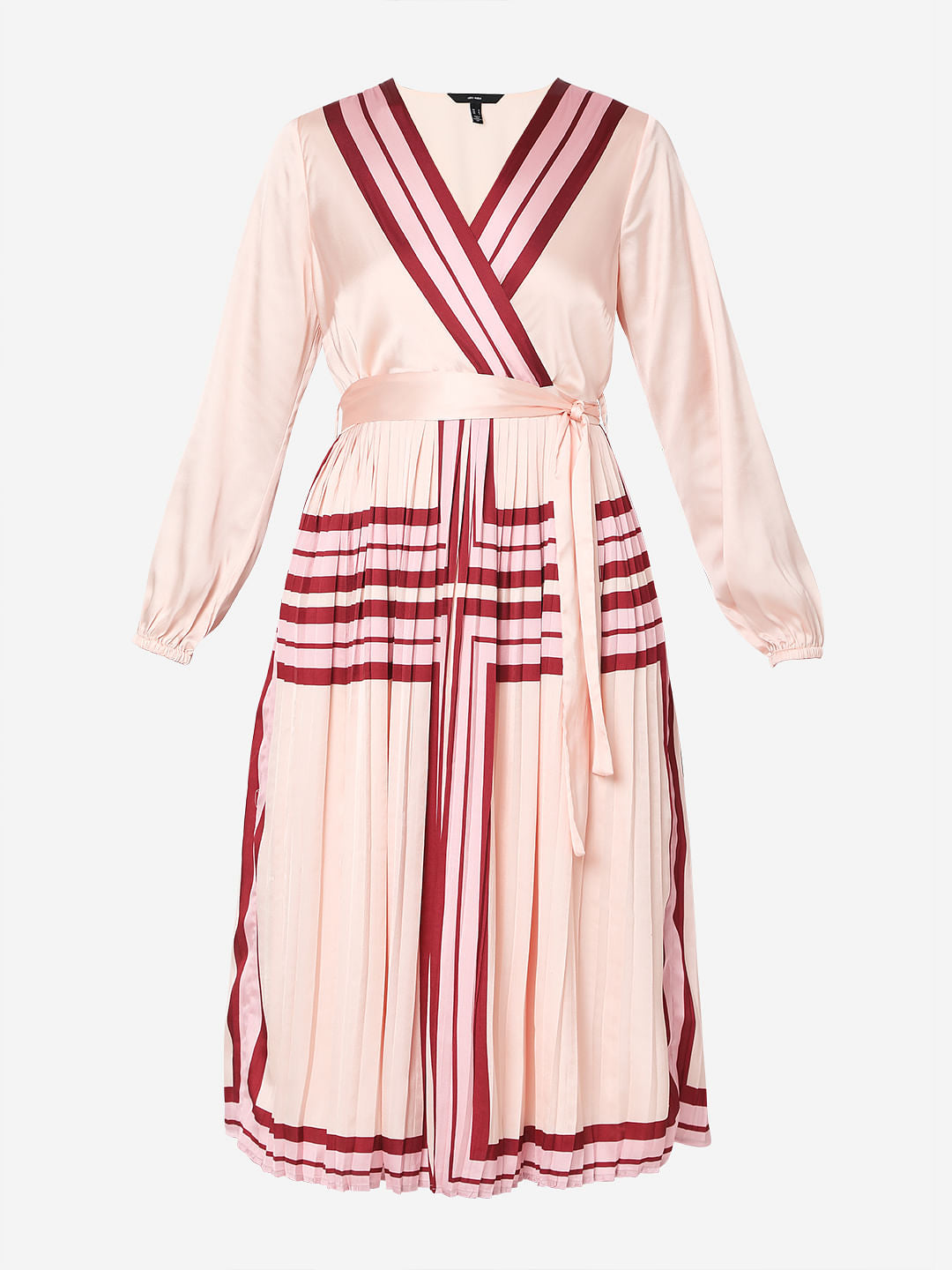 Pink V-Neck Pleated Midi Dress