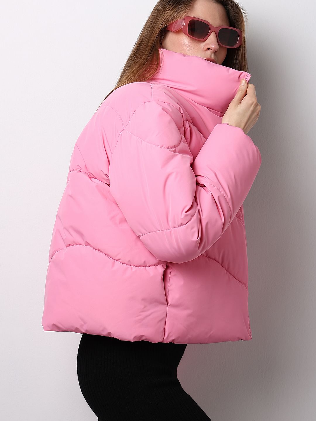 Pink High-Neck Short Puffer Jacket