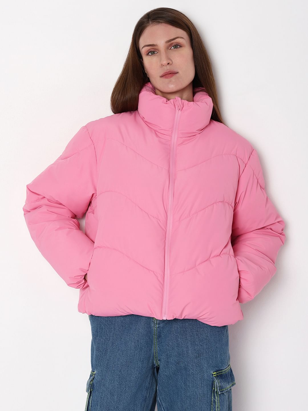 Pink High-Neck Short Puffer Jacket