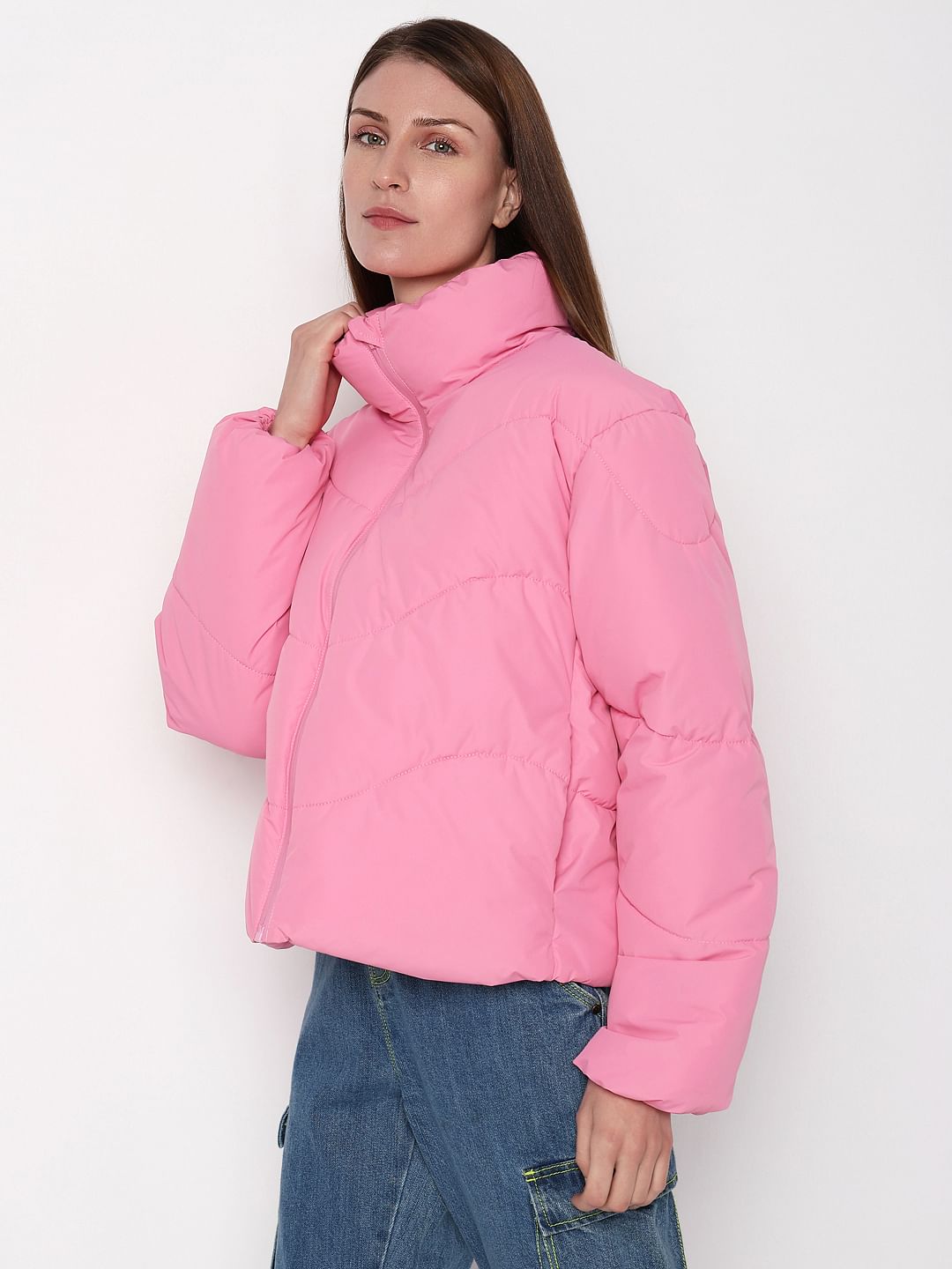 Pink High-Neck Short Puffer Jacket