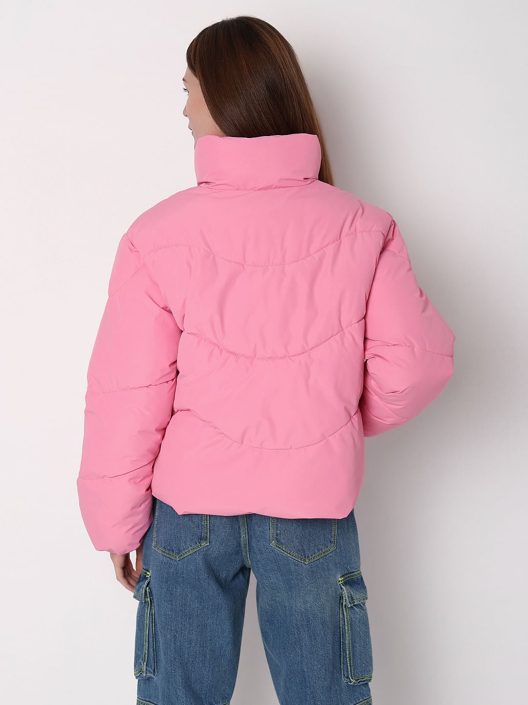 Pink High-Neck Short Puffer Jacket