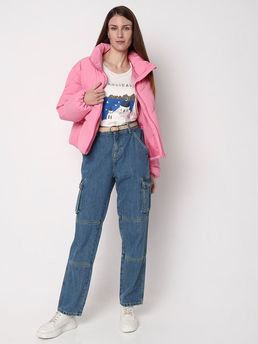 Pink High-Neck Short Puffer Jacket