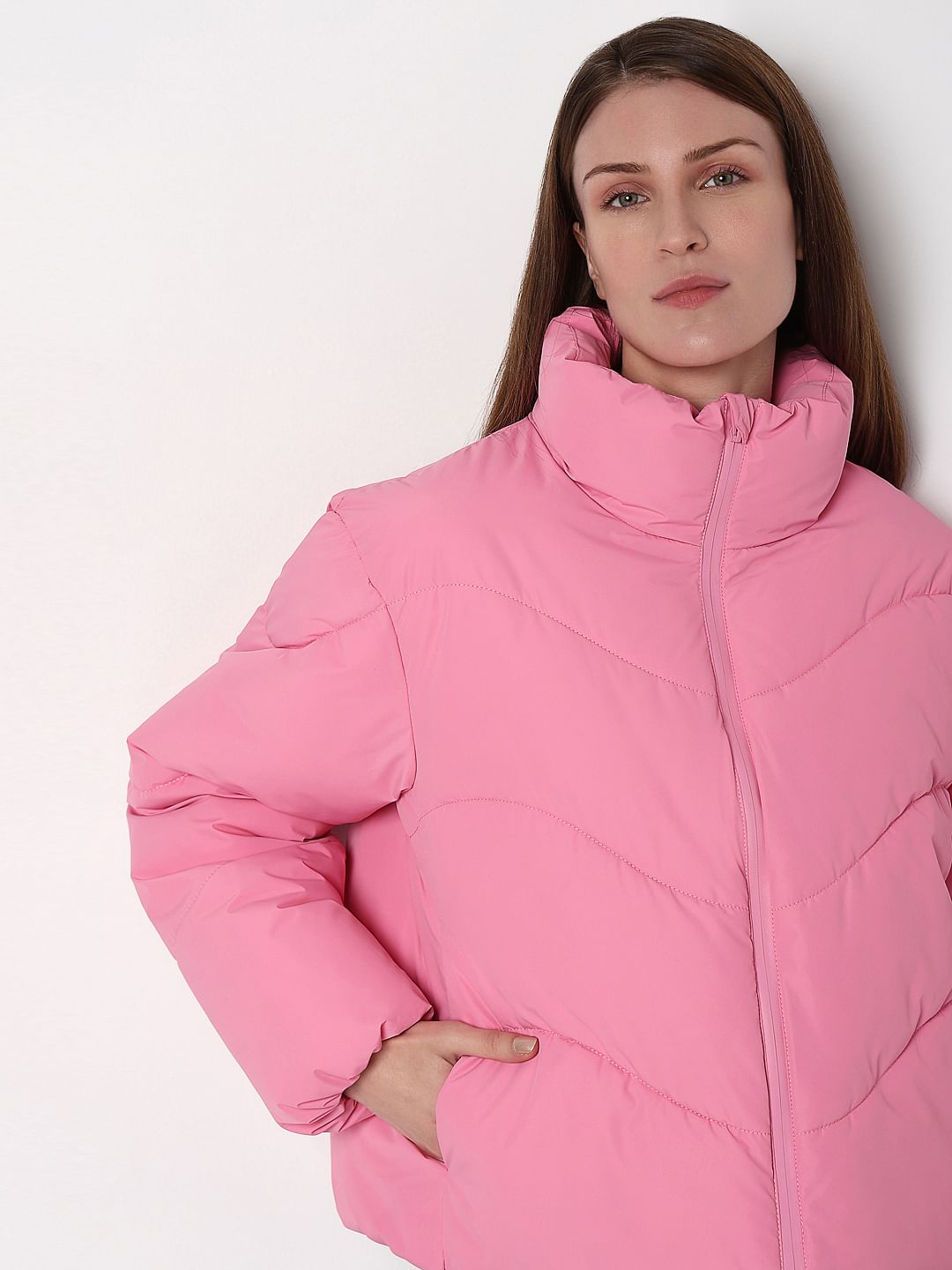 Pink High-Neck Short Puffer Jacket
