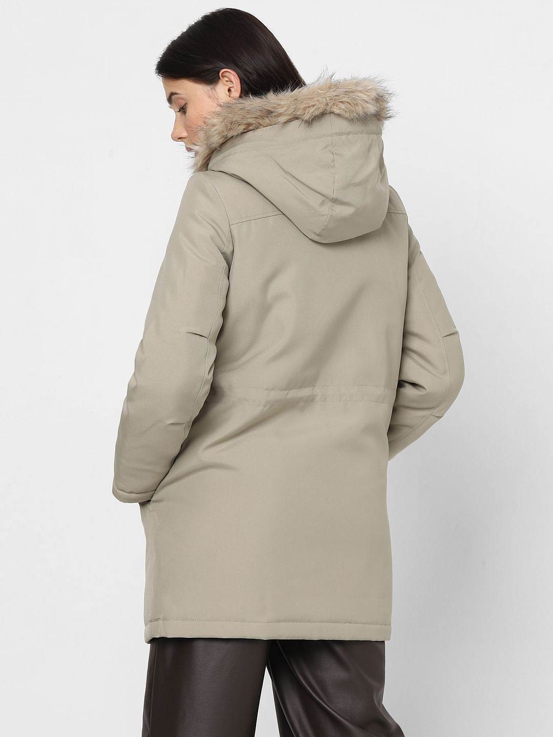 Beige Hooded Longline Puffer Jacket