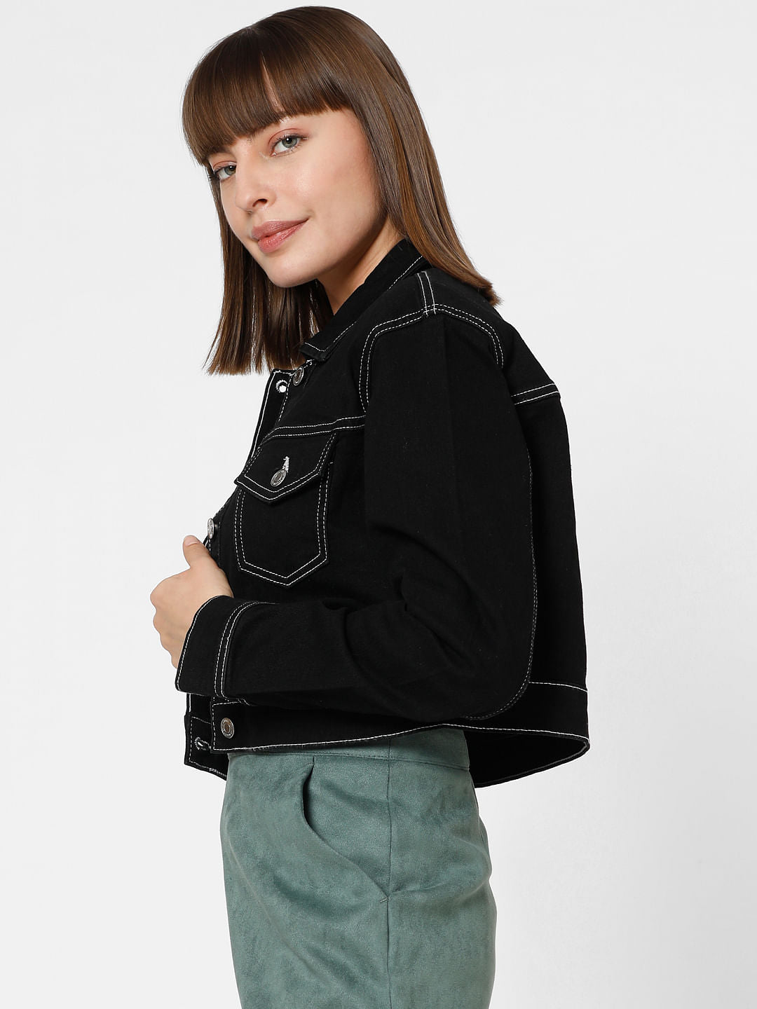 Black Contrast Stitching Cropped Denim Jacket