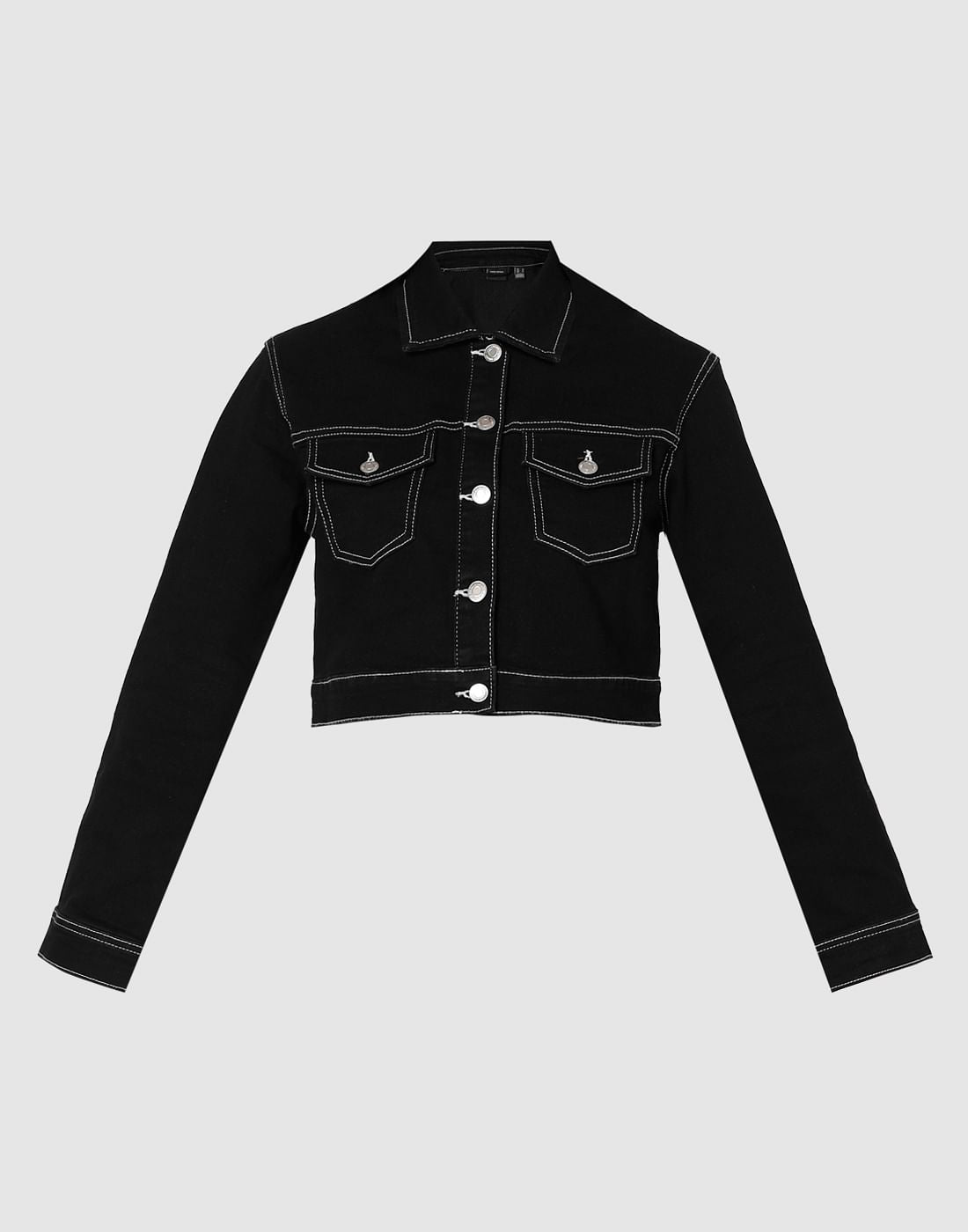 Black Contrast Stitching Cropped Denim Jacket