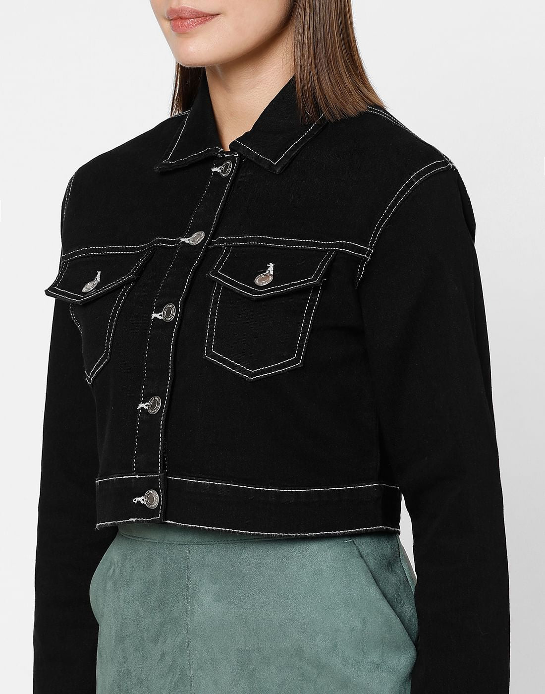 Black Contrast Stitching Cropped Denim Jacket
