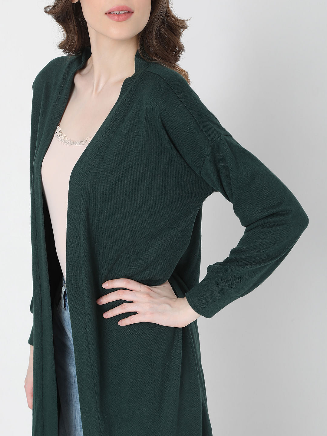 Dark Green Front Open Long Cardigan