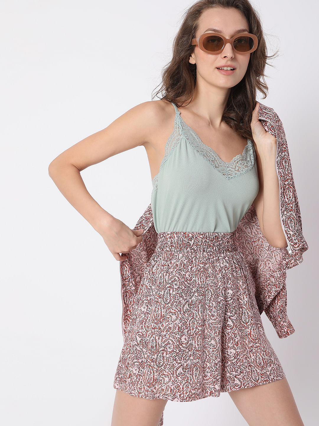 Pink High Rise Co-Ord Abstract Print Shorts