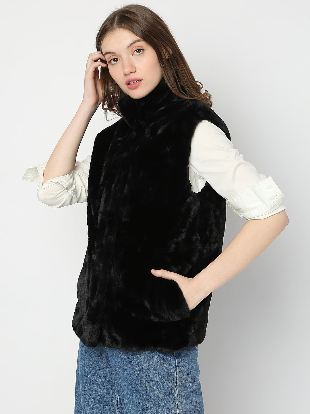Black Faux Fur Waistcoat