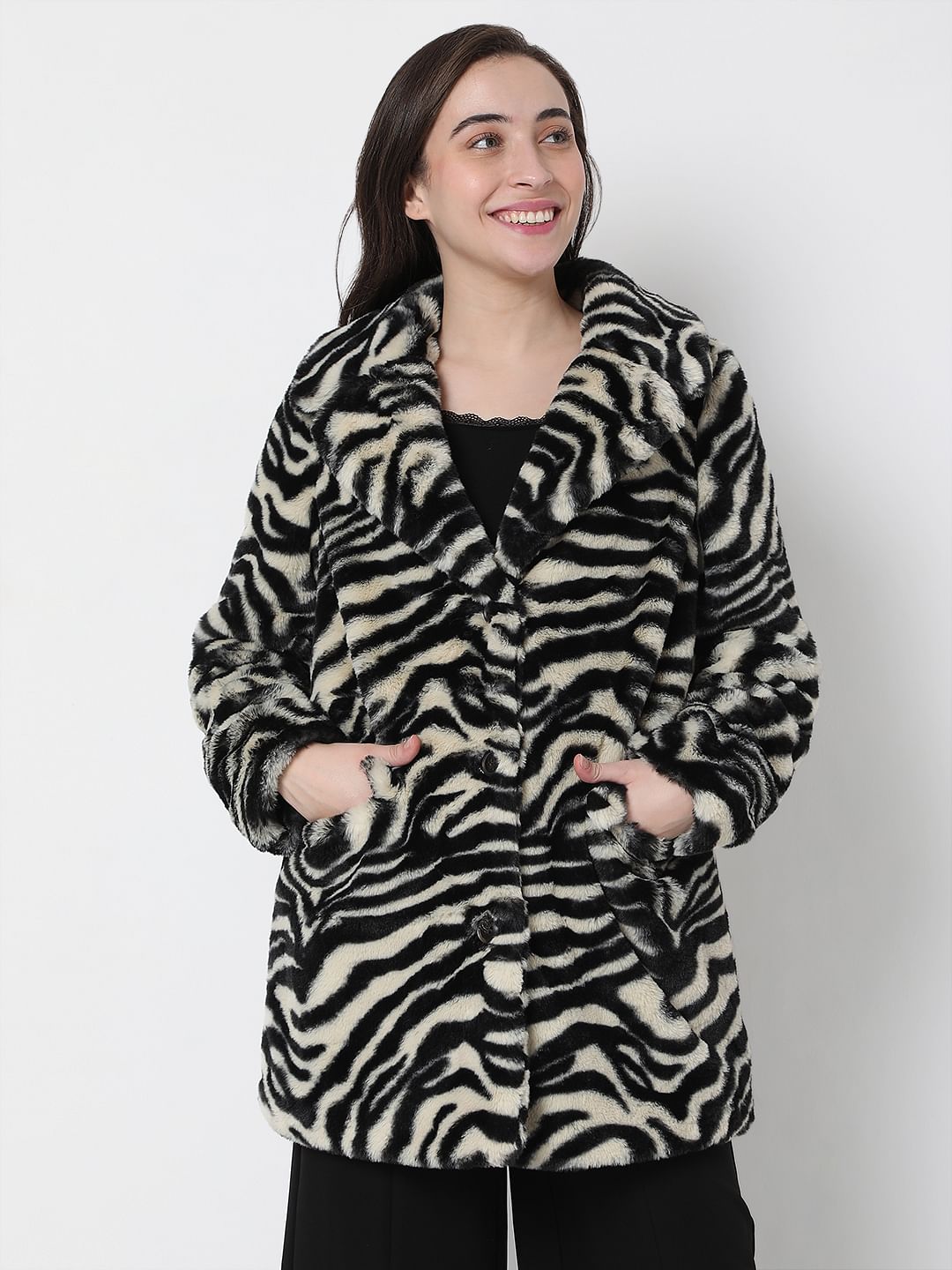 Black Animal Print Faux Fur Jacket