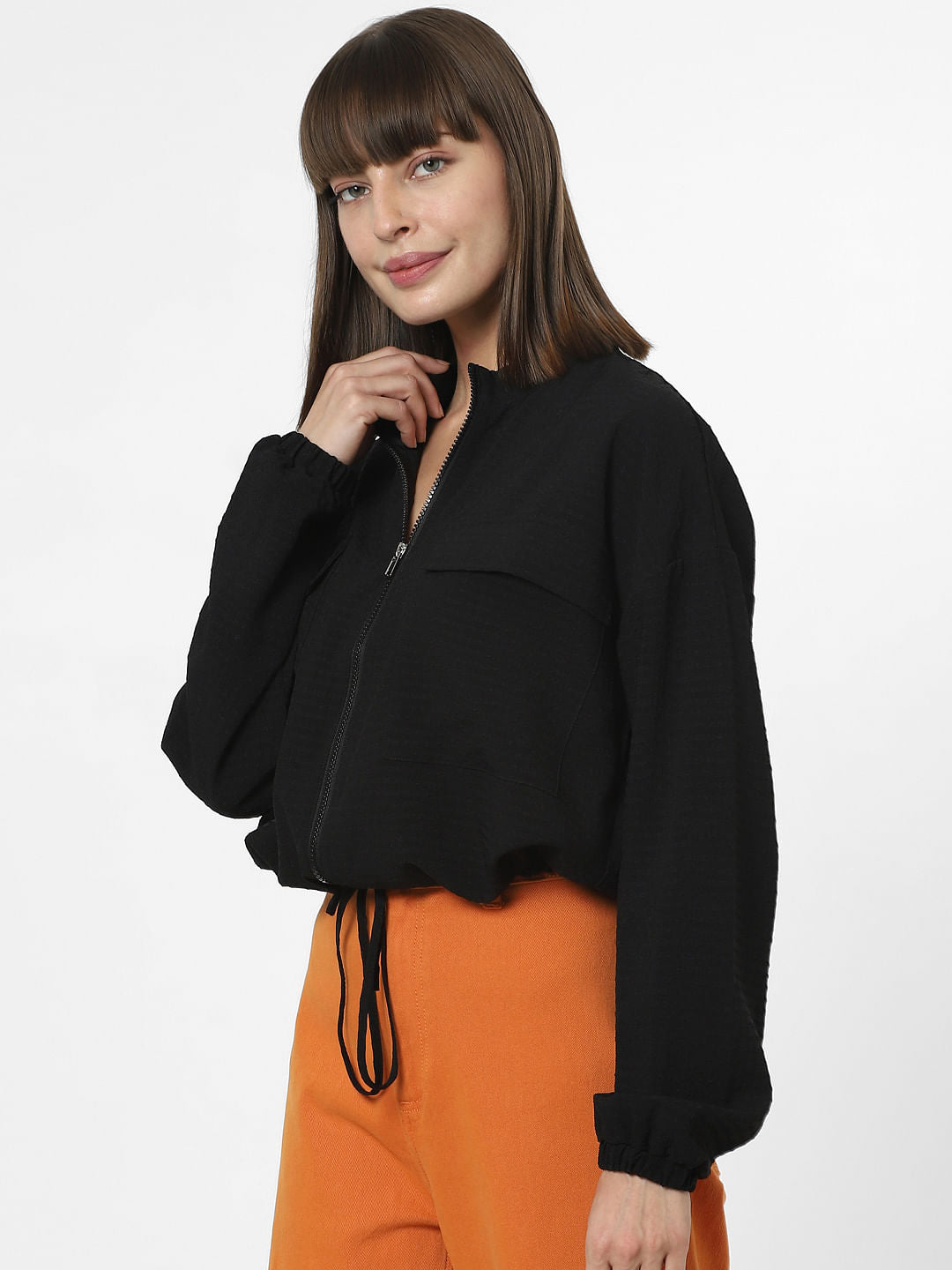 Black Cropped Bomber Jacket